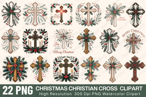 Christmas Christian Cross Clipart Bundle: Illustrations